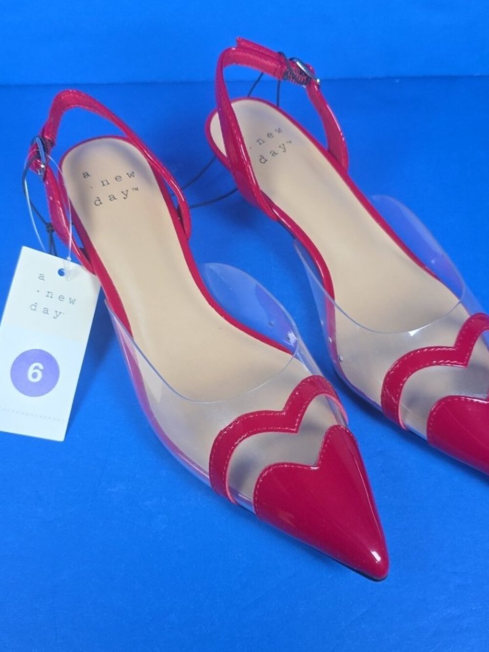 A New Day Shoes Women Red Clear Pointed Toe Heel Eleanor Heart Detail Size 6